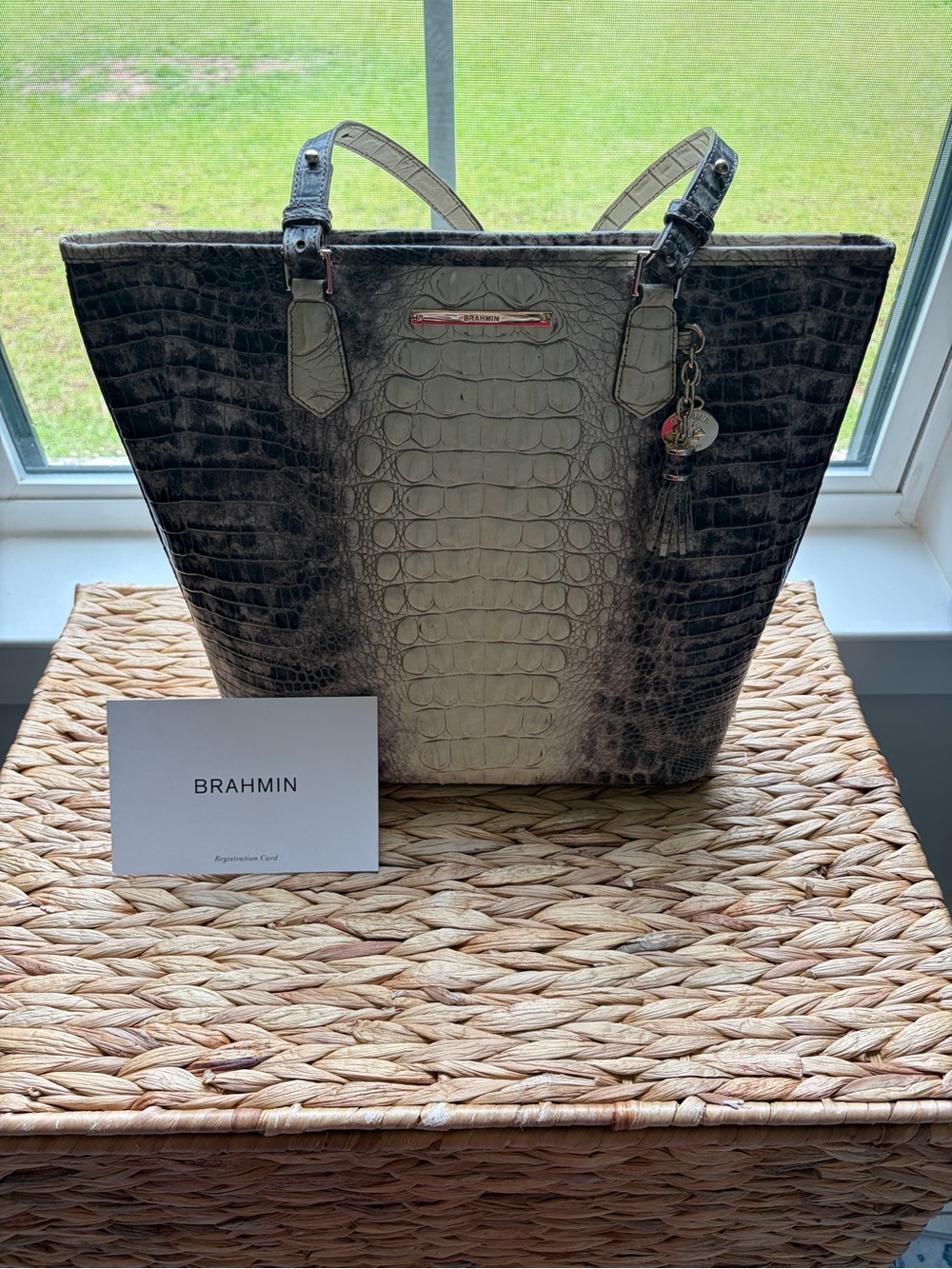 Brahmin Two-Tone Ivory and Gray Croc-Embossed Leather Tote
